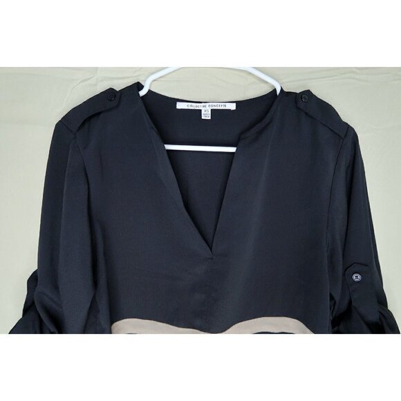 Collective Concepts Black Tunic Top V Neck Semi Sheer Roll Tab Sleeve Womens XS - Picture 2 of 10